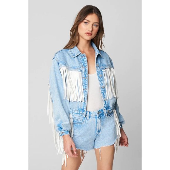Blank NYC Jackets & Blazers - BlankNYC Jacket Nice Try Blue Denim White Fringe Button
